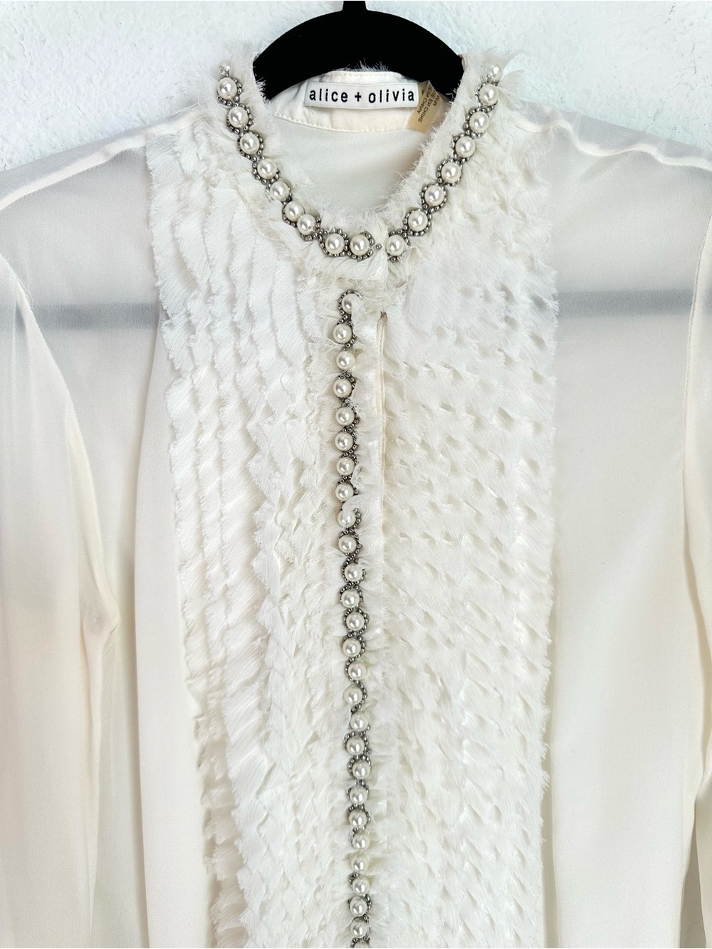 Alice and Olivia Arminda Ruffled Pearl Blouse pearl embellishments Medium Silk - Picture 8 of 17